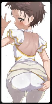 1girl ass black_border blush border braid brown_eyes brown_hair closed_mouth cowboy_shot dress figure_skating_dress from_behind grabbing_own_ass highres loli looking_at_viewer looking_back medalist_(manga) mo_(boo1719501boo) pantyhose profile puffy_short_sleeves puffy_sleeves short_dress short_hair short_sleeves smile solo white_background white_dress white_pantyhose yuitsuka_inori