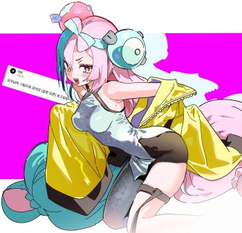 1girl 5oh5s2 absurdres bare_shoulders blue_hair blush bow-shaped_hair breasts character_hair_ornament criss-cross_halter grey_pantyhose hair_ornament halter_shirt halterneck hexagon_print highres iono_(pokemon) jacket jacket_partially_removed long_hair looking_at_viewer medium_breasts multicolored_hair nintendo open_mouth pantyhose pink_hair pokemon pokemon_sv sharp_teeth shirt single_leg_pantyhose smile solo split-color_hair teeth thigh_strap two-tone_hair yellow_jacket