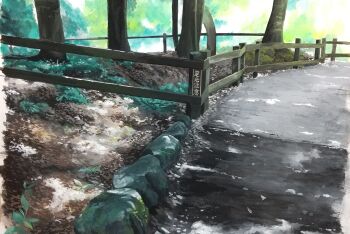 fence harusa1107 highres moss no_humans original outdoors painting_(medium) park path plant road rock scenery traditional_media wooden_fence
