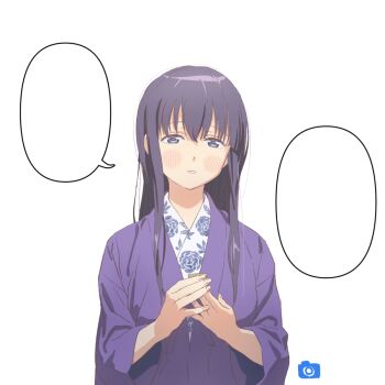 1girl blank_speech_bubble blue_eyes cup gujou_kanade hands_up holding holding_cup japanese_clothes kamiina_botan_yoeru_sugata_wa_yuri_no_hana kimono long_hair nazo_no_anime-dan purple_eyes purple_kimono simple_background solo speech_bubble white_background