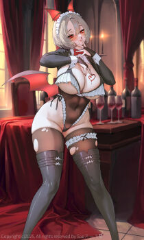 1girl absurdres black_boots black_thighhighs blush boots bottle breasts bridal_gauntlets closed_mouth covered_navel cup drinking_glass feet_out_of_frame grey_hair hands_up head_wings highres huge_breasts indoors looking_at_viewer maid_headdress mole mole_under_mouth original red_eyes red_nails short_hair smile solo standing suerte thigh_boots thighhighs thighhighs_under_boots torn_clothes torn_thighhighs underboob wine_bottle wine_glass wings wrist_cuffs