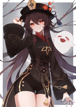 Rule 34 | 1girl, absurdres, black hat, black nails, boo tao (genshin impact), border, branch, breasts, brown coat, brown hair, brown shorts, coat, coattails, cowboy shot, flower, flower-shaped pupils, genshin impact, grey background, grin, hair between eyes, hair flaps, hand on headwear, hat, hat flower, hat tassel, highres, hu tao (genshin impact), jewelry, legs together, long hair, long sleeves, looking at viewer, lows., multiple rings, nail polish, plum blossoms, porkpie hat, red eyes, ring, short shorts, shorts, sidelocks, small breasts, smile, solo, symbol-shaped pupils, thigh gap, thighs, twintails, two-tone background, white border, wide sleeves