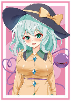 Rule 34 | 1girl, black hat, blush, breasts, collared shirt, ganon capybara, green eyes, green hair, hat, highres, komeiji koishi, large breasts, shirt, smile, standing, straight-on, torso, touhou, yellow shirt