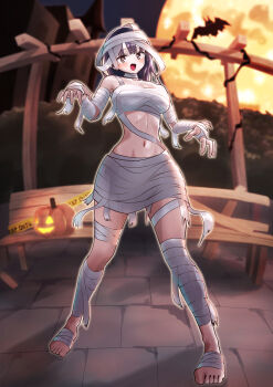 1girl absurdres alternate_costume bandage_on_hair bandaged_arm bandaged_chest bandaged_leg bandages black_hair blush boku_no_kokoro_no_yabai_yatsu breasts brown_eyes collarbone commentary_request full_body full_moon halloween halloween_costume highres jack-o&#039;-lantern large_breasts legs_apart long_hair looking_at_viewer m2bou moon mummy_costume naked_bandage navel night open_mouth outdoors paid_reward_available paw_pose solo standing yamada_anna