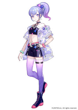 1girl arm_at_side badge bangle bare_shoulders belt black_boots black_shirt black_shorts blue_belt blue_eyes boots bracelet breasts button_badge center-flap_bangs closed_mouth cocoppa_dolls colored_shoe_soles colored_tips commentary_request copyright_notice crop_top earrings estel_(cocoppa_dolls) full_body hair_ornament halter_shirt halterneck hand_on_own_hip jacket jewelry lace-up_boots looking_at_viewer midriff multicolored_eyes multicolored_hair off_shoulder official_art pink_belt pink_eyes planet_hair_ornament ponytail purple_eyes purple_jacket purple_thighhighs ringed_eyes second-party_source see-through_clothes see-through_jacket shirt short-sleeved_jacket short_ponytail short_shorts short_sleeves shorts side_ponytail sideways_glance simple_background small_breasts solo standing tachi-e thigh_strap thighhighs tobi_(kotetsu) triangle_earrings triangle_print two-tone_belt v-shaped_eyebrows white_background