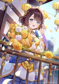 1girl :d balloon blue_eyes blue_sky blush bouquet breasts brown_hair commentary_request company_name copyright_notice dahlia detached_sleeves dress earrings flower frilled_dress frills hair_ornament hand_up holding holding_bouquet jewelry lantern looking_at_viewer medium_breasts mole mole_under_mouth momoshiki_tsubaki nijisanji open_mouth outdoors paper_lantern purple_sleeves railing rose sample_watermark shiga_riko shiga_riko_(1st_costume) short_hair single_earring sky smile solo tassel tassel_earrings tulip virtual_youtuber watermark white_flower white_rose yellow_flower yellow_rose yellow_tulip