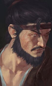 Rule 34 | 1boy, absurdres, beard, black background, black hair, brown eyes, brown robe, chinstrap beard, closed mouth, commentary request, facial hair, headband, highres, hua bucheng, male focus, mature male, mustache, portrait, realistic, robe, scar on lip, simple background, solo, where winds meet, yi dao (where winds meet)