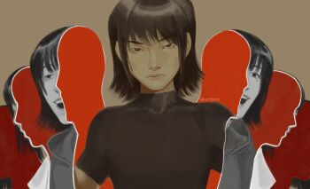 3girls bisected black_hair black_shirt bob_cut han_sooyoung head_tilt highres looking_at_viewer multiple_girls multiple_persona omniscient_reader&#039;s_viewpoint refraction serious shirt short_hair umbrvx upper_body