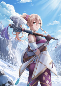 1girl ass axe bare_shoulders black_gloves blonde_hair blue_sky braid cloud commentary day english_commentary fingerless_gloves gloves green_eyes hair_between_eyes highres holding holding_axe holding_weapon karja_balta long_hair looking_at_viewer outdoors pants purple_pants redpoke side_ponytail sky snow solo sunlight weapon ys ys_x:_nordics