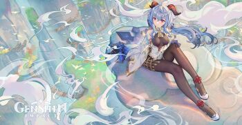above_clouds ahoge bad_link bell blue_hair chinese_knot cloud collar day floating floating_island flower_knot ganyu_(genshin_impact) genshin_impact goat_horns gold_trim horns huaguang_stone_forest leotard leotard_under_clothes low_ponytail neck_bell official_art ponytail purple_eyes scenery white_sleeves xiangyun