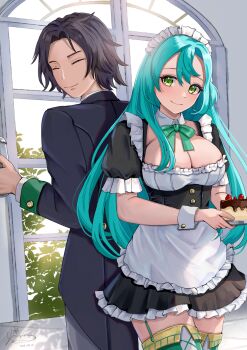 1boy 1girl alternate_costume apron aqua_hair black_dress black_hair blush breasts butler cake chloe_(fire_emblem) cleavage closed_eyes closed_mouth dress fire_emblem fire_emblem_engage food formal_clothes garter_straps green_eyes highres holding holding_plate jacket large_breasts long_hair looking_at_viewer louis_(fire_emblem) maid maid_apron mugitoro_(dsfv2277) nintendo pants plate shirt short_dress short_hair short_sleeves smile suit thighhighs very_long_hair white_apron white_shirt wrist_cuffs