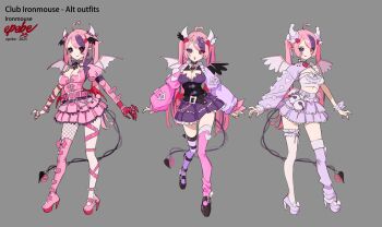 1girl ahoge asymmetrical_legwear boots breasts cleavage cleavage_cutout closed_mouth clothing_cutout commentary demon_girl demon_horns demon_wings dress english_commentary epebe fishnet_thighhighs fishnets frilled_dress frills heart heart_ahoge heterochromia highres horns ironmouse large_breasts leg_warmers looking_at_viewer multicolored_hair official_alternate_costume official_art open_mouth pink_boots pink_dress pink_hair purple_dress purple_eyes purple_streaks purple_thighhighs red_eyes shirt skirt smile streaked_hair thigh_boots thighhighs vshojo white_leg_warmers white_shirt white_skirt white_thighhighs wings