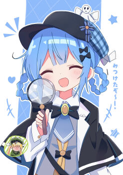 2girls absurdres bird_hat_ornament black201_wav black_capelet blonde_hair blue_hair blue_necktie braid braided_hair_rings capelet closed_eyes commentary deerstalker detective embarrassed hair_rings hat highres holding holding_magnifying_glass magical_girl magnifying_glass mahou_shoujo_no_majo_saiban multiple_girls necktie open_mouth simple_background smile solo_focus tachibana_sherry tono_hanna twintails