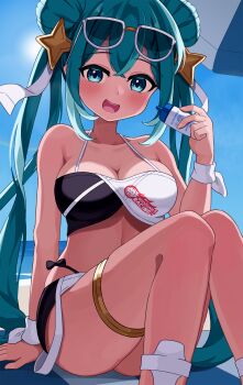 1girl absurdres aqua_eyes aqua_hair beach_umbrella bikini black_bikini blush bottle breasts closed_mouth collarbone dark_skin double_bun eyewear_on_head gold_thighlet goodsmile_company goodsmile_racing hair_between_eyes hair_bun hatsune_miku highres holding holding_bottle jewelry long_hair looking_at_viewer lotion lotion_bottle medium_breasts open_mouth racing_miku racing_miku_(2023) sitting smile solo sunscreen swimsuit tan thighlet twintails umbrella very_long_hair vocaloid zukimikan