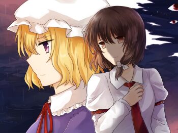 2girls arm_garter blonde_hair bow bowtie breasts brown_eyes brown_hair cloud collar disembodied_eye dress hair_between_eyes hand_on_own_chest hat koto_(shiberia39) long_sleeves maribel_hearn mob_cap multiple_girls necktie night no_headwear partially_shaded_face purple_dress purple_eyes rain red_ribbon ribbon sad shirt short_hair sky star_(sky) touhou usami_renko white_bow white_collar white_hat white_shirt