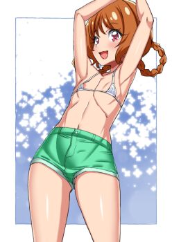 1girl armpits arms_up asortofcolorfag bikini blush brown_hair colorized covered_erect_nipples delicious_party_precure eyebrows_hidden_by_hair flat_chest green_shorts hair_rings hanamichi_ran highres large_variant_set looking_at_viewer medium_hair miyagoe_yoshitsuki navel open_mouth precure red_eyes shorts smile solo stomach swimsuit variant_set white_bikini