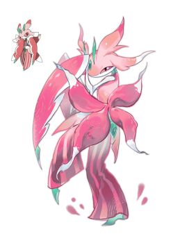 1girl antennae arthropod_girl arthropod_limbs bairizuomeng colored_skin full_body furry furry_female gen_7_pokemon highres looking_at_viewer lurantis mantis_girl monster_girl multicolored_skin nintendo no_mouth pink_eyes pink_skin plant_girl pokemon pokemon_(creature) praying_mantis simple_background solo standing white_background white_skin