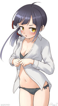 1girl ahoge asymmetrical_bangs black_bra black_hair black_panties bra breasts collared_shirt cowboy_shot cut_bangs dress_shirt dressing fujinami_(kancolle) hair_ribbon kantai_collection long_hair medium_breasts navel one-hour_drawing_challenge panties ray.s ribbon shirt side-tie_panties side_ponytail simple_background solo standing striped_bra striped_clothes striped_panties underwear vertical-striped_bra vertical-striped_clothes vertical-striped_panties vertical_stripes white_background white_ribbon white_shirt yellow_eyes