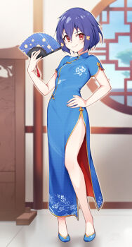 1girl blue_dress blue_hair blue_shoes breasts china_dress chinese_clothes closed_mouth commentary_request contrapposto dress flats folding_fan full_body hand_fan hand_on_own_hip highres holding holding_fan indoors looking_at_viewer mizuno_ai red_eyes shoes short_hair short_sleeves side_slit small_breasts smile solo standing tsuki_tokage zombie_land_saga