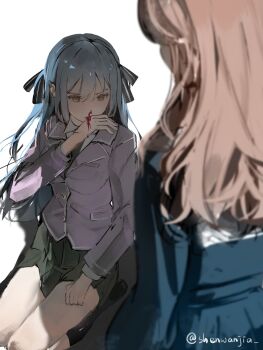 2girls bang_dream! bang_dream!_it's_mygo!!!!! black_ribbon blood blue_hair blue_shirt brown_hair commentary green_skirt grey_jacket hair_ribbon haneoka_school_uniform highres jacket long_hair long_sleeves multiple_girls nagasaki_soyo nosebleed ribbon school_uniform shenwanjia shirt sidelocks simple_background skirt togawa_sakiko tsukinomori_school_uniform white_background