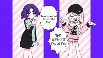 Rule 34 | 1girl, 1other, :o, akiyama mizuki, asahina mafuyu, bare legs, baseball cap, black choker, black hair, black shorts, black skirt, blue eyes, blush stickers, bokutachi no seizon tousou (project sekai), chain, choker, closed eyes, commentary request, cropped jacket, curtained hair, english text, feet out of frame, green jacket, grey tank top, hands up, hat, highres, hood, hood down, hooded jacket, index finger raised, jacket, korean commentary, long hair, long sleeves, mesmerizer (vocaloid), multicolored jacket, off-shoulder shirt, off shoulder, official alternate costume, official alternate hair length, official alternate hairstyle, open mouth, parody, parted bangs, parted lips, paw print, pink hair, pink shirt, ponytail, project sekai, purple hair, s7r4wb3rry cp, scene reference, shirt, short hair, short ponytail, shorts, sidelocks, skirt, smile, speech bubble, standing, straight hair, tank top, torn clothes, torn shorts, two-sided fabric, two-sided jacket