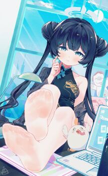 1boy 1girl adapted_costume black_dress black_hair black_jacket blue_archive blush braid braided_bun breasts china_dress chinese_clothes closed_mouth collarbone commentary day desk doodle_sensei_(blue_archive) double_bun dragon_print dress dutch_angle feet foot_focus frown full_body furrowed_brow grey_eyes grey_halo hair_between_eyes hair_bun half-closed_eyes halo hand_up highres index_finger_raised indoors jacket jacket_partially_removed kisaki_(blue_archive) knees_up light_blush loli long_hair looking_at_viewer no_shoes notebook off_shoulder on_desk open_clothes open_jacket pantyhose peroro_(blue_archive) presenting_foot print_dress scratching_cheek sensei_(blue_archive) shy single_bare_shoulder sitting sitting_on_table sleeveless sleeveless_dress small_breasts soles solo_focus sparkling_eyes striped_clothes striped_jacket toes tongue tongue_out twintails vertical-striped_clothes vertical-striped_jacket very_long_hair white_pantyhose window xianyuzi