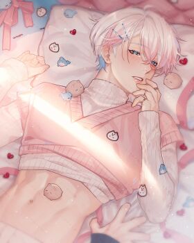 Rule 34 | 2boys, blue eyes, blue hair, blush, highres, lying, male focus, midriff, multicolored hair, multiple boys, navel, navel piercing, open clothes, open shirt, original, piercing, pillow, pink hair, pink sweater vest, rourouki, stomach, streaked hair, sweater, sweater vest, teeth, white hair, white sweater, yaoi