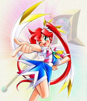 1girl bad_id bad_link blue_dress brooch dress foot_out_of_frame green_eyes hand_on_own_hip head_tilt index_finger_raised jacket jewelry kidou_senkan_nadesico leg_up long_hair magical_girl majokko_princess_natural_lychee natural_lychee one_eye_closed open_clothes open_jacket open_mouth pink_shoes red_hair ribbon sash shida_tadashi shoes side_ponytail smile solo standing standing_on_one_leg very_long_hair wand white_jacket white_sash yellow_ribbon