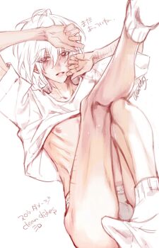 bulge clothes_lift convenient_leg hands_on_own_face highres leg_up looking_at_viewer male_focus male_underwear nipples nitro+_chiral ribs scar scar_on_arm self-harm self-harm_scar shiro_(slow_damage) shirt shirt_lift slow_damage slow_damage_clean_dishes socks underwear white_background white_hair white_shirt wrist_cutting yamada_uiro