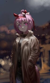 1girl animal_ears black_sweater bow brown_coat closed_mouth coat ear_bow ear_covers flower-shaped_pupils flower_in_eye hair_bun hairband haru_urara_(umamusume) headband highres horse_ears horse_girl horse_tail inishie_kumo long_hair looking_at_viewer open_clothes open_coat pants pink_eyes pink_hair pink_headband red_headband smile solo sweater symbol-shaped_pupils symbol_in_eye tail umamusume