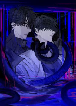 Rule 34 | 2boys, absurdres, ambiguous blue liquid, black coat, black eyes, black gloves, black hair, coat, covering another's eyes, gloves, hand up, highres, keomikan, kim dokja, male focus, multiple boys, omniscient reader's viewpoint, open clothes, open coat, partially submerged, popped collar, short hair, snake, upper body, white coat, yoo joonghyuk