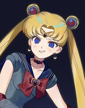 1girl bishoujo_senshi_sailor_moon blonde_hair blue_eyes blue_sailor_collar bow bowtie choker collarbone constricted_pupils corruption crescent crescent_earrings dark_persona double_bun earrings elbow_gloves gesugao gloves grey_gloves grey_shirt hair_bun hair_ornament jewelry long_hair magical_girl p_m_ame red_bow red_bowtie red_choker sailor_collar sailor_moon sailor_senshi_uniform shirt smile solo tsukino_usagi twintails