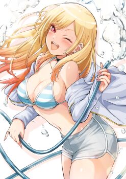 Rule 34 | 1girl, bare shoulders, bikini, bikini under clothes, black choker, blonde hair, blue bikini, blush, breasts, choker, cleavage, collarbone, commentary request, dolphin shorts, ear piercing, earrings, highres, holding, holding hose, hose, hose nozzle, jewelry, kitagawa marin, large breasts, long hair, looking at viewer, midriff, multicolored bikini, multicolored hair, navel, one eye closed, open mouth, pariya 0001, piercing, pink nails, print bikini, red eyes, short shorts, shorts, simple background, smile, solo, sono bisque doll wa koi wo suru, striped bikini, striped clothes, swimsuit, thighs, water