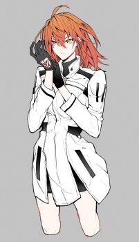 1girl black_gloves command_spell cropped_legs fate/grand_order fate_(series) fujimaru_ritsuka_(female) fujimaru_ritsuka_(female)_(decisive_battle_chaldea_uniform) gloves highres orange_eyes orange_hair shusun_sun simple_background solo upper_body