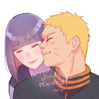 Rule 34 | 1boy, 1girl, adversarial noise, artist name, black jacket, blonde hair, blunt bangs, boruto: naruto next generations, commentary, english commentary, facial mark, hetero, husband and wife, hyuuga hinata, iamdslr, jacket, lips, naruto (series), purple hair, smile, uzumaki naruto, watermark, whisker markings