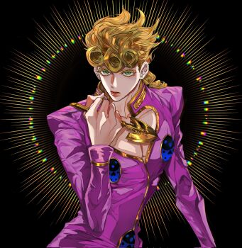 1boy arrow_(jojo) arrow_(projectile) black_background blonde_hair braid braided_ponytail clamchowder55 cleavage_cutout closed_mouth clothing_cutout derivative_work earrings giorno_giovanna green_eyes hashtag-only_commentary high_collar highres holding holding_arrow jacket jewelry jojo_no_kimyou_na_bouken ladybug_ornament long_hair long_sleeves looking_at_viewer male_focus pectorals pink_jacket solo vento_aureo wing_ornament
