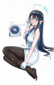 1girl absurdres artist_name black-framed_eyewear black_hair black_pantyhose blue_archive blue_hair blue_halo blue_necktie blunt_bangs blush breasts collared_dress colored_inner_hair commentary_request dated dress ear_blush electric_fan feet full_body furrowed_brow glasses glint gloves hair_between_eyes halo hand_up highres large_breasts long_hair looking_at_viewer multicolored_hair necktie no_shoes open_mouth pantyhose pointy_ears rin_(blue_archive) see-through_clothes see-through_dress shangdi_de_fa_zhang short_dress sidelocks simple_background sitting sleeveless sleeveless_dress solo straight_hair two-tone_hair very_long_hair wet wet_clothes wet_dress white_background white_dress white_gloves yokozuwari