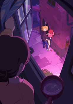 ! 1boy 2girls absurdres against_wall alley black_hair black_jacket black_shoes blonde_hair blue_eyes blue_pants box brick_wall cardboard_box cigarette clothed_sex commentary_request cooking_pot curtains cwew33 degrees_of_lewdity ear_piercing exhibitionism graffiti hair_over_one_eye hetero highres holding jacket leather leather_jacket long_sleeves multiple_girls off_shoulder pants piercing player_character_(degrees_of_lewdity) player_character_(female)_(degrees_of_lewdity) public_indecency red_hair red_shoes sex sex_from_behind shoes skirt smoke smoking sneakers standing voyeur_pov voyeurism water whitney_(degrees_of_lewdity) whitney_(male)_(degrees_of_lewdity) window