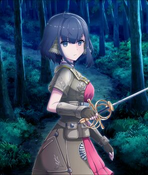 1girl ahoge black_hair breasts brown_dress brown_gloves closed_mouth cosplay cowboy_shot dot_nose dress fingerless_gloves forest from_side game_cg gloves grey_eyes holding holding_sword holding_weapon large_breasts looking_at_viewer looking_to_the_side miki_sauvester miki_sauvester_(cosplay) nature night nitta_hirona official_art outdoors path rapier road short_hair short_sleeves sidelocks solo star_ocean star_ocean:_anamnesis star_ocean:_integrity_and_faithlessness sword third-party_source toji_no_miko toji_no_miko:_kizamishi_issen_no_tomoshibi tree weapon