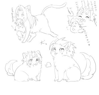 &gt;:) :3 animal animal_focus animalization baby_animal cat closed_eyes cloud_strife crisis_core_final_fantasy_vii cross_scar dog final_fantasy final_fantasy_vii flying_sweatdrops hair_intakes hattouissenbaka highres holding holding_animal holding_dog licking licking_another&#039;s_face long_hair looking_down monochrome mouth_hold multiple_views no_humans parted_bangs puppy scar scar_on_face sephiroth short_hair sketch spiked_hair tongue tongue_out translation_request v-shaped_eyebrows walking zack_fair