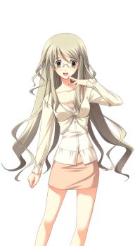 1girl bare_legs breasts brown_dress casual chaos;head clenched_hand collarbone curly_hair dress finger_to_mouth game_cg glasses green_eyes green_hair hair_ornament hairpin hand_up kusunoki_yua long_hair long_sidelocks long_sleeves looking_at_viewer matsuo_yukihiro non-web_source official_art open_mouth round_eyewear science_adventure shirt short_dress sidelocks small_breasts smile sprite sundress transparent_background very_long_hair white_shirt