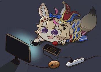 1girl :d ahoge animal_ears arm_strap asymmetrical_footwear black_gloves black_hair blonde_hair blue_bow blue_ribbon blue_skirt bow chibi commentary elbow_gloves english_commentary facial_mark fox_ears fox_girl fox_tail full_body gloves hair_bow hair_ornament hat hololive jester_cap computer_keyboard layered_skirt long_hair lying miniskirt mismatched_footwear monitor computer_mouse multicolored_hair omaru_polka omaru_polka_(1st_costume) on_stomach open_mouth pink_hair pink_legwear plug potato potato7192 power_strip purple_eyes red_gloves ribbon screen_light single_elbow_glove skirt sleeve_cuffs smile solo star-shaped_pupils star_(symbol) streaked_hair striped_clothes striped_skirt symbol-shaped_pupils tail vertical-striped_clothes vertical-striped_skirt virtual_youtuber