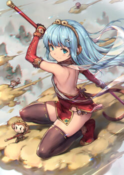 1girl bare_back blue_eyes blue_hair female_focus gou_(ga673899) hair_ornament haoni long_hair matching_hair/eyes monkey original shawl smile solo staff thighhighs