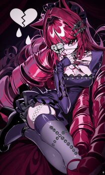 1girl absurdres animal_ears black_hairband black_nails black_shoes blood bloody_tears breasts broken_heart cleavage closed_mouth dress expressionless eyepatch fingernails garter_straps hair_ornament hairband hairclip heart heart_eyepatch heart_hair_ornament high_heels highres jewelry lace_trim large_breasts long_fingernails long_hair looking_at_viewer multiple_rings nail_polish original purple_dress purple_thighhighs red_eyes red_hair ring ringlets scocasr sharp_fingernails shoes short_dress skindentation sleeves_past_wrists solo stitched_leg stitches thighhighs thighs very_long_hair