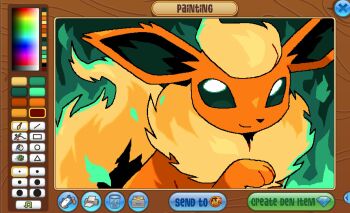 Rule 34 | animal focus, animal hands, animal jam (medium), art program in frame, border, brown border, eelgobbler, fire, flareon, fluffy, gen 1 pokemon, green background, green eyes, green fire, highres, looking at viewer, neck fur, nintendo, no humans, orange fur, pokemon, pokemon (creature), pokemon focus, simple background, solo, upper body, yellow fur