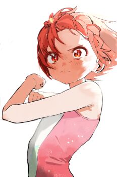 1girl bare_shoulders blush brown_hair commentary_request flat_chest highres leotard looking_to_the_side medalist_(manga) orange_eyes serious short_hair sketch solo sparkling_eyes taraba_gani35 tearing_up upper_body yuitsuka_inori