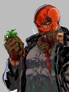 1boy 99_gold_k batman_(series) black_hair black_jacket blood blood_on_clothes blood_on_face blood_on_hands bloody_knife bloody_weapon bodysuit commentary_request dc_comics gloves grey_bodysuit highres jacket jason_todd knife korean_commentary kris_(weapon) leather leather_jacket looking_at_viewer male_focus mask multicolored_bodysuit muscular muscular_male open_clothes red_hood_(dc) red_mask scalp short_hair superhero_costume taut_bodysuit two-tone_bodysuit weapon