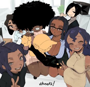 1boy 6+girls adri_(whoopsatro) afro artist_self-insert ava_(whoopsatro) black-framed_eyewear character_request dark-skinned_female dark_skin dress expressionless fist_pump freckles gigi_(whoopsatro) glasses grin group_picture hair_over_eyes hair_over_one_eye milestone_celebration mole mole_under_mouth multiple_girls office_lady original pinstripe_pattern pinstripe_shirt plunging_neckline rimless_eyewear rory_(whoopsatro) shirt smile striped sweater sweater_dress thank_you turtleneck turtleneck_dress v very_dark_skin viv_(whoopsatro) whoopsatro