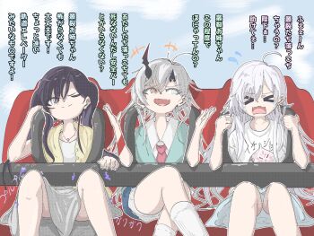 >_< 3girls 909_(reverseblue) ahoge artist_request asymmetrical_bangs asymmetrical_horns bb218_rxr black_hair black_horns character_request check_artist check_character closed_eyes closed_mouth commentary_request crossed_legs crying green_sweater grey_eyes grey_hair grey_skirt heterochromia highres horns multicolored_horns multiple_girls murasaki_(reverseblue) necktie one_eye_closed open_mouth red_eyes red_horns red_necktie reverseblue_x_re-birthend shirt skirt smug socks sweater translation_request twintails white_hair white_shirt white_socks yellow_sweater