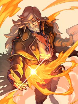 Rule 34 | 1boy, absurdres, arm up, beard, blue eyes, book, boots, broken, broken chain, brown boots, brown capelet, brown jacket, brown pants, buttons, capelet, chain, closed mouth, cuffs, facial hair, fantasy, fiery background, fingerless gloves, fire, fireball, floating hair, full beard, glasses, gloves, grey beard, grey hair, handcuff dangle, handcuffs, handcuffs around neck, handcuffs removed, highres, holding, holding book, jacket, light particles, long hair, long sleeves, looking to the side, magician, mature male, octopath traveler, octopath traveler ii, old, old man, open book, open hand, osvald v. vanstein, pants, pillar of light, prison, prison clothes, saizo sasaki, serious, simple background, single handcuff, solo, solo focus, standing, torn clothes, undershirt, undone collar, v-shaped eyebrows, very long hair